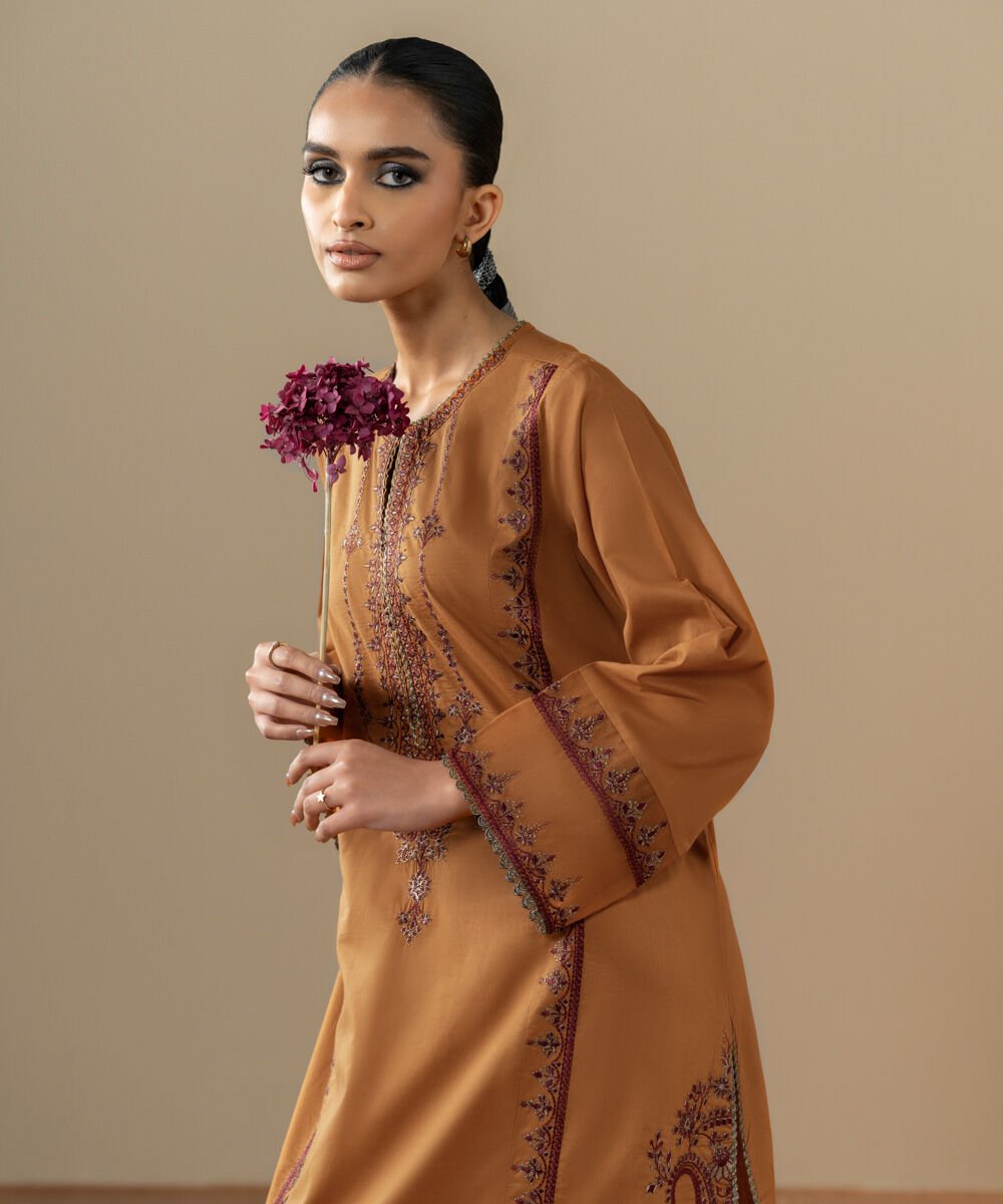 Embroidered Lawn Shirt Women's Pret Lawn Embroidered Orange A-Line Shirt