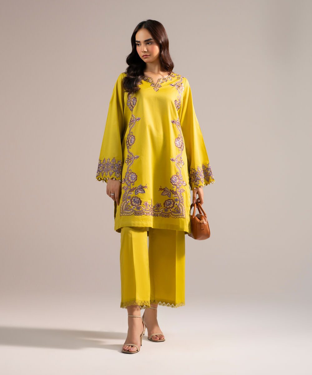 Women's RTW Dobby Embroidered Yellow Straight Shirt