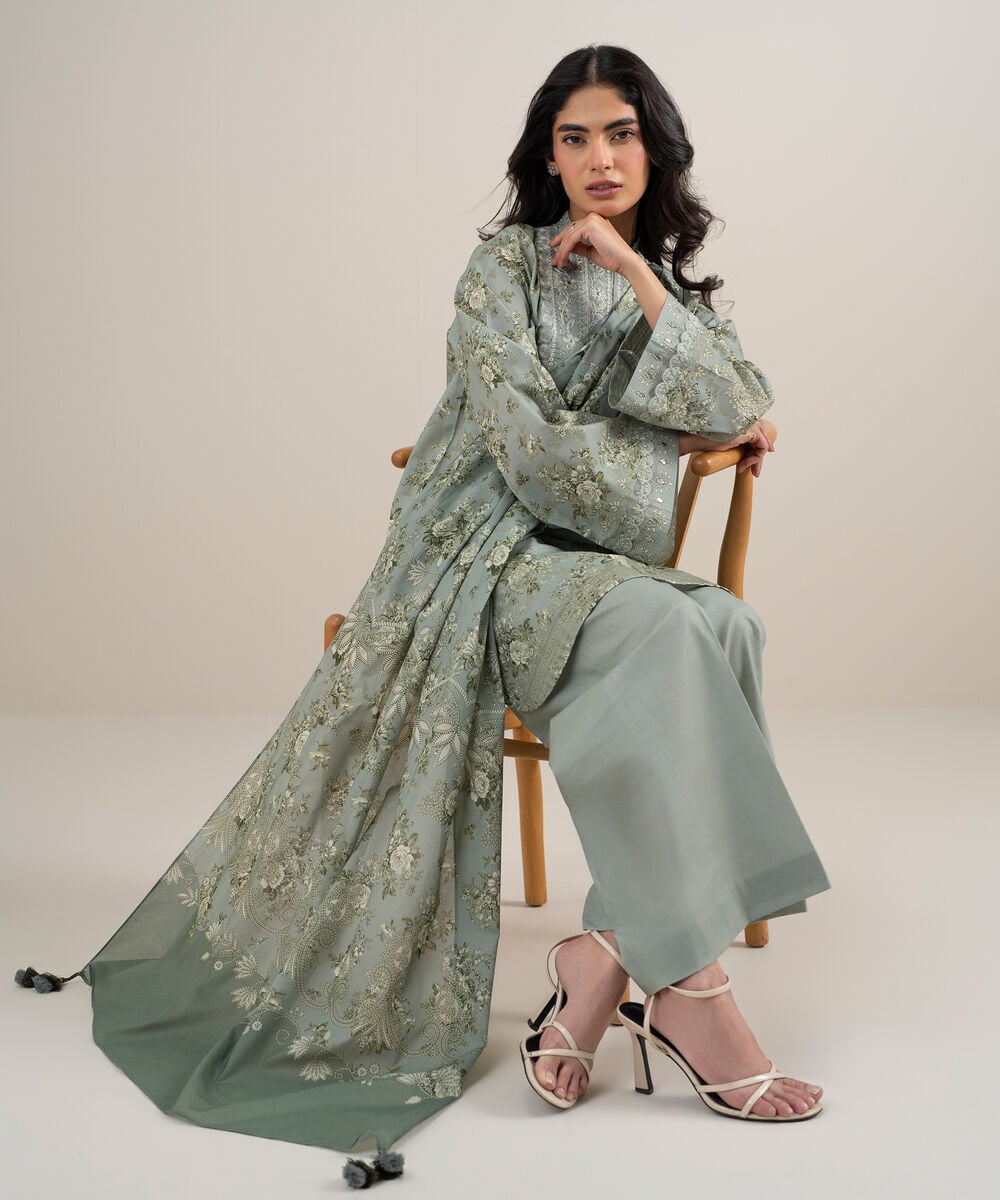 Women's Unstitched Lawn Embroidered Light Smoke Green 3 Piece Suit