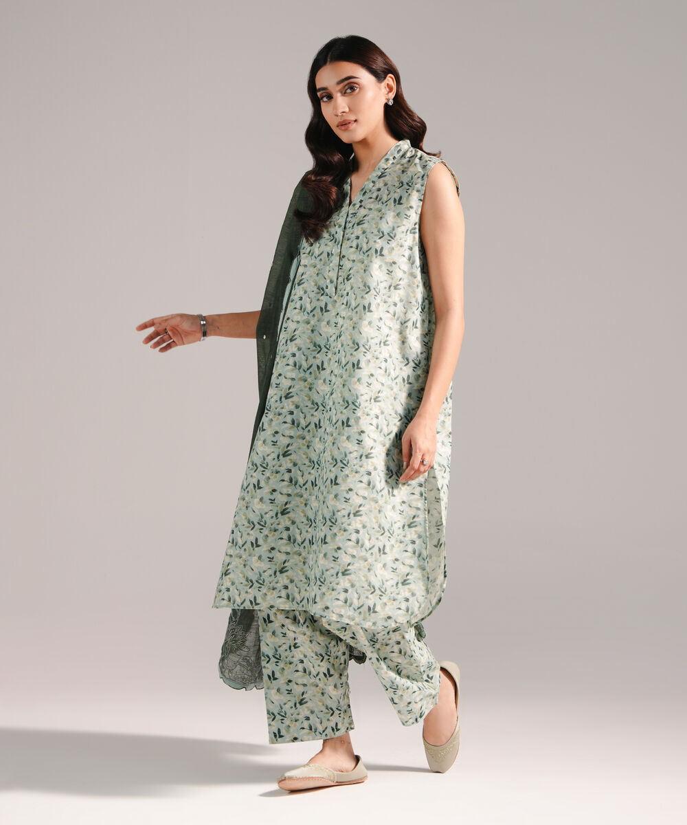 Women's RTW Zari Lawn Printed Green 3 Piece Suit