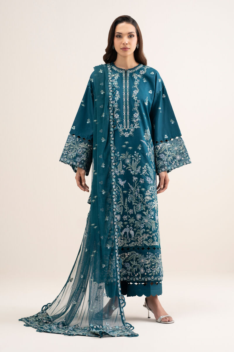 3 Piece - Embroidered Cotton Satin Suit