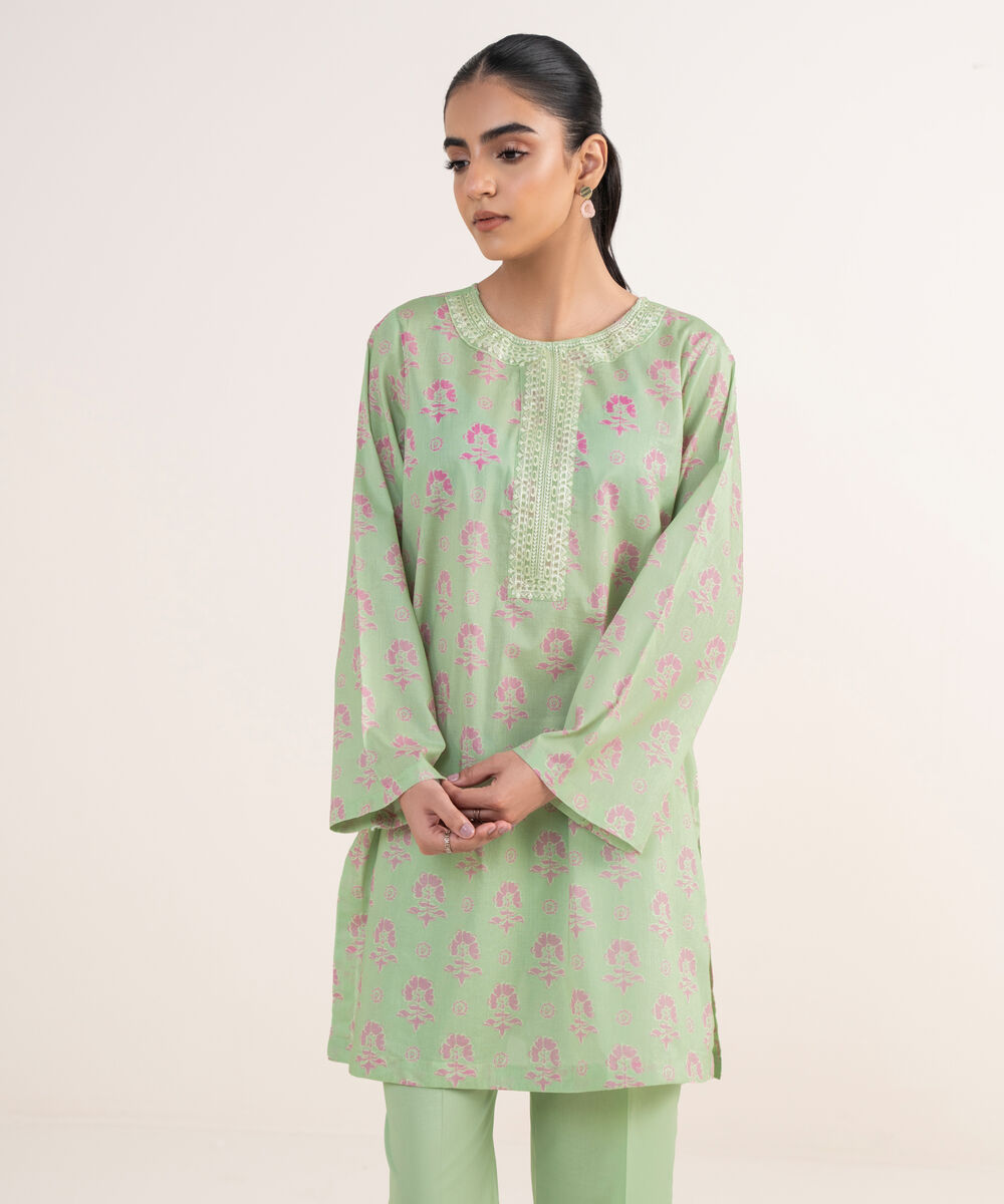 Women's RTW Lawn Green Embroidered A-Line Shirt