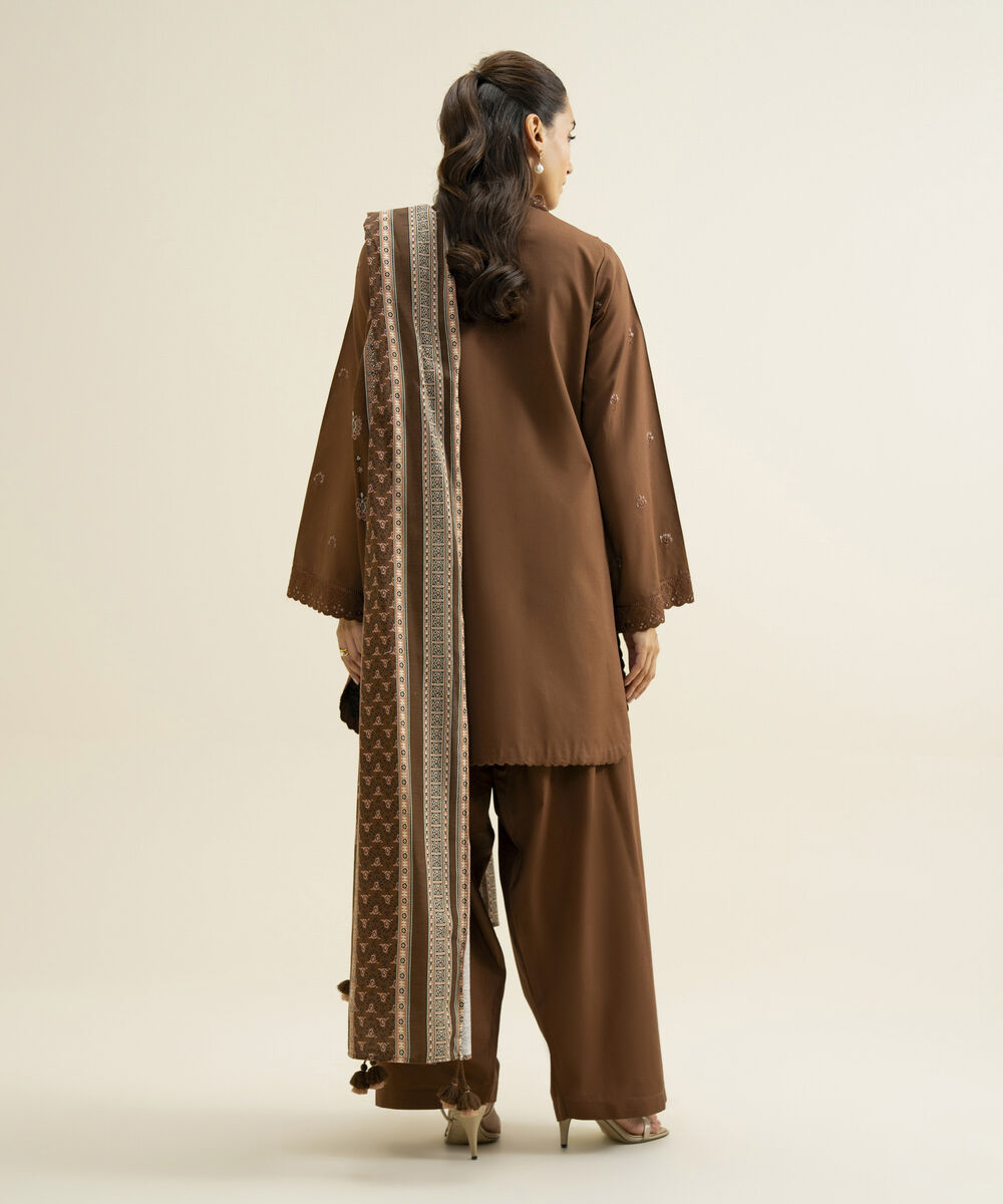 Women's Unstitched Basic Khaddar Embroidered Brown 3 Piece Suit