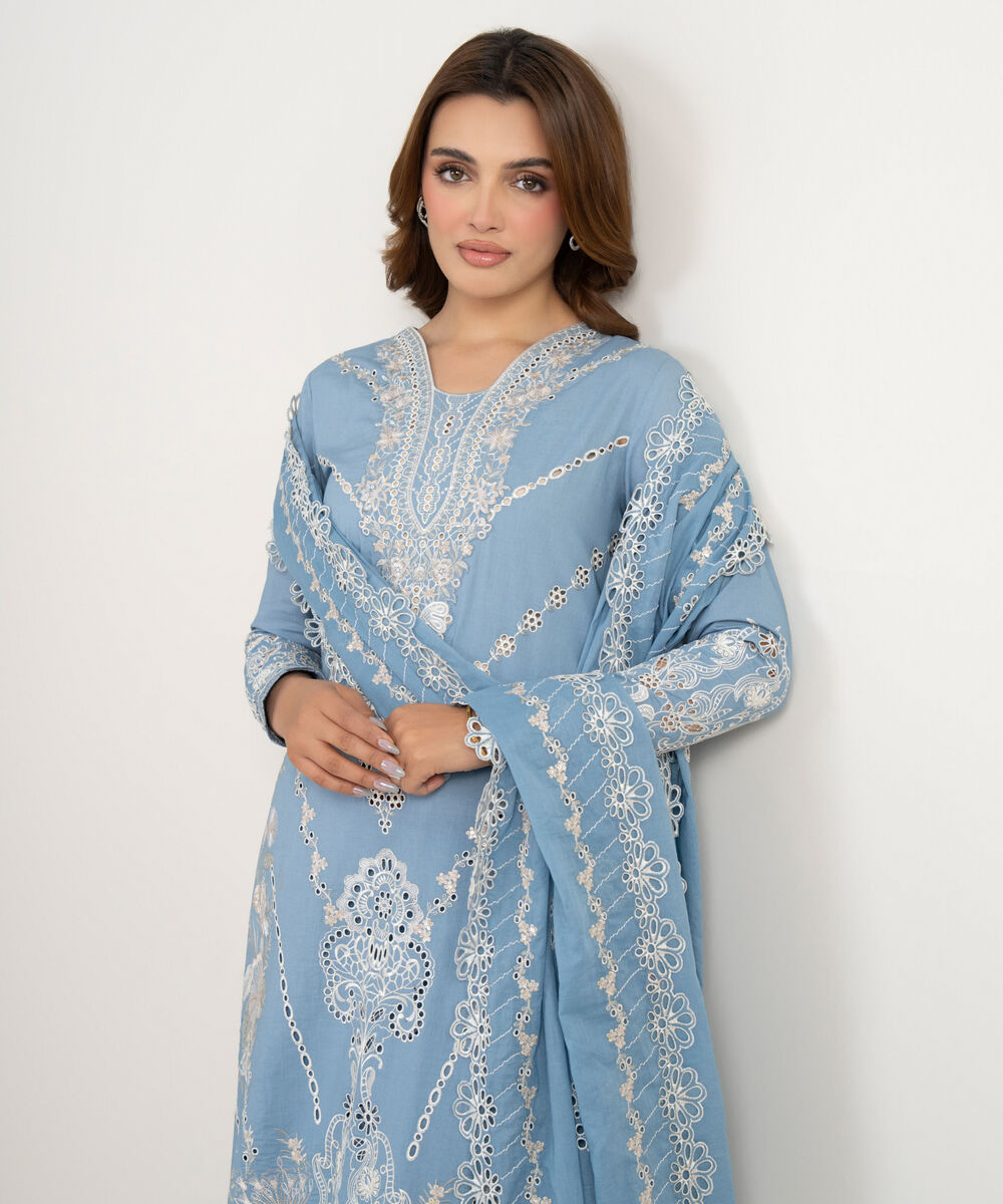 Women's Unstitched Lawn Embroidered Blue 3 Piece Suit