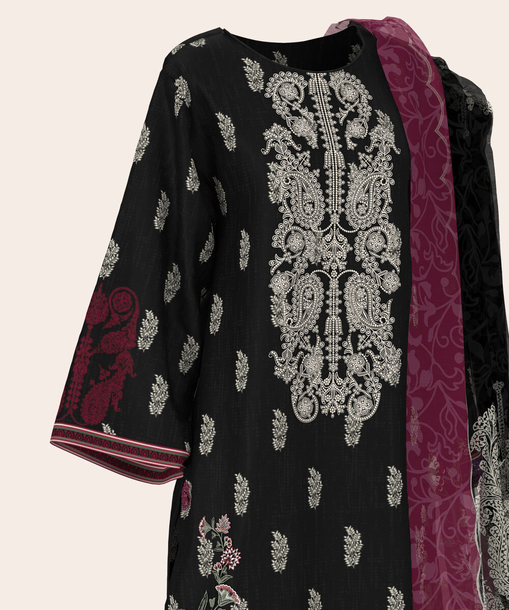 Women's Unstitched Lawn Black  Embroidered 3 Piece Suit
