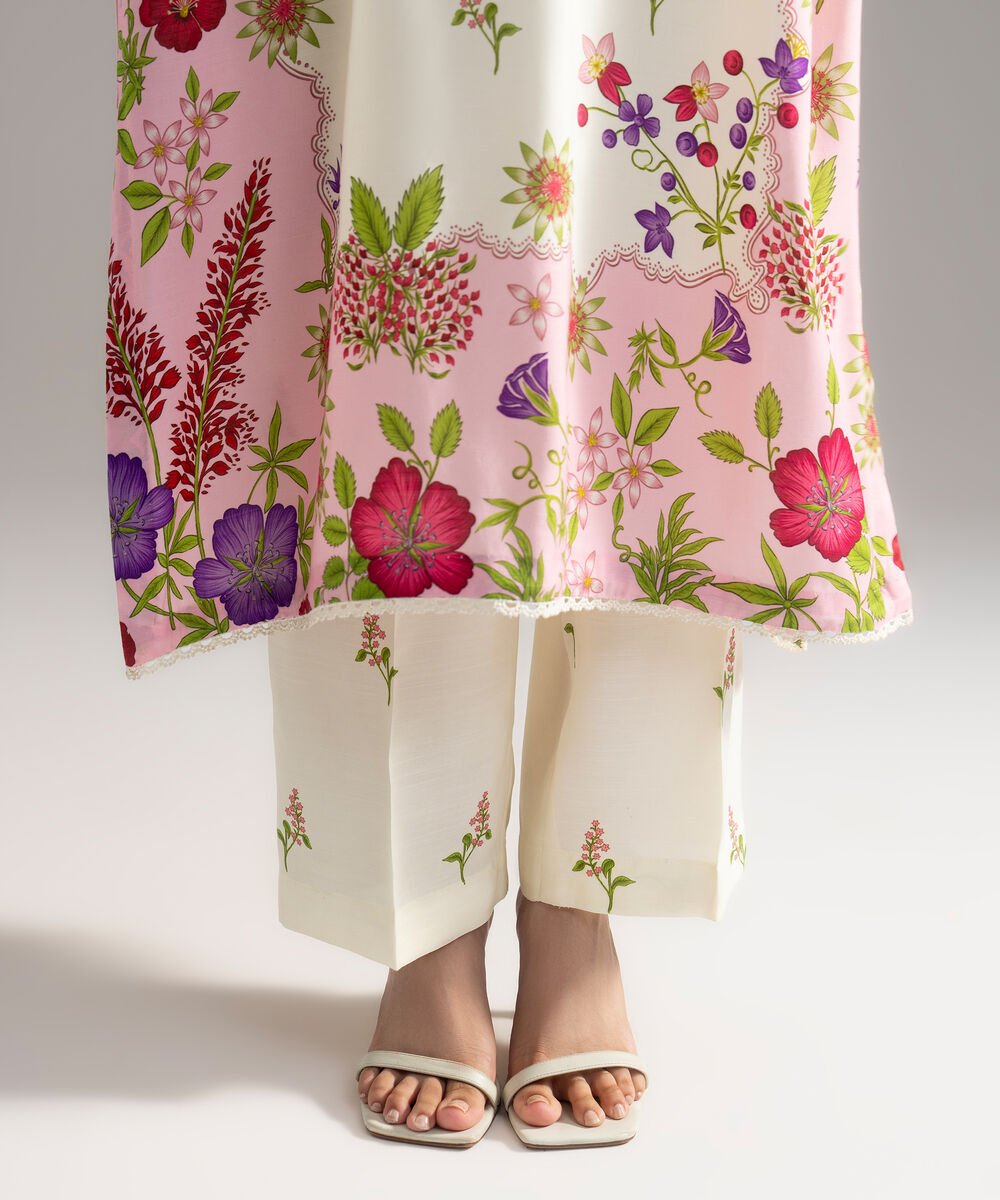 Women's RTW Viscose Raw Silk Printed Off White 3 Piece Suit