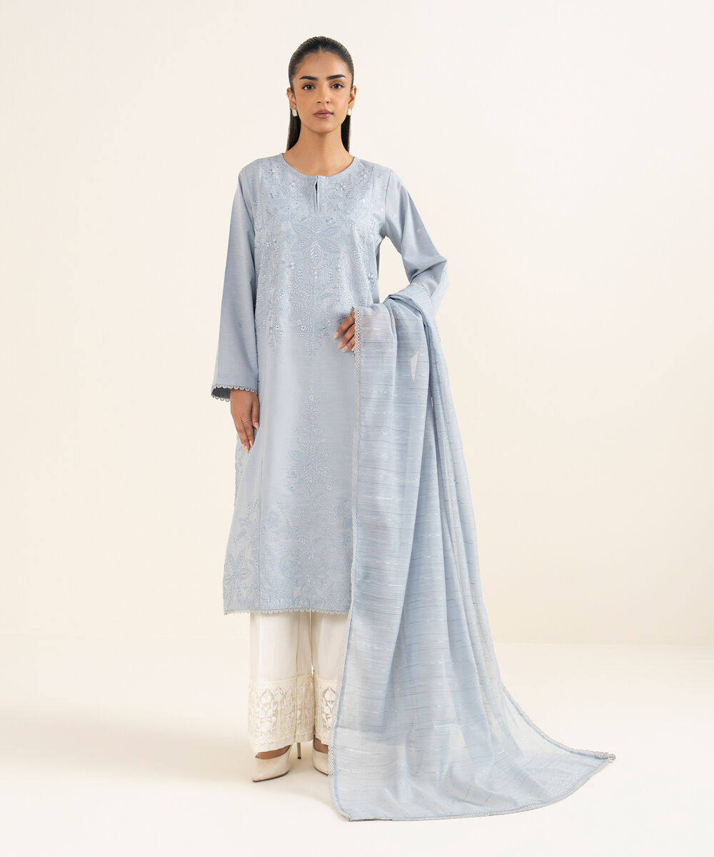 Women's RTW Light Khaddar Embroidered A-Line Ice Blue Shirt