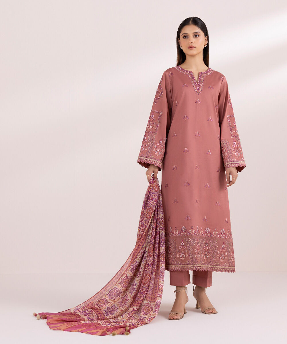 Women's Unstitched Raw Silk  Embroidered Dusty Pink 3 Piece Suit
