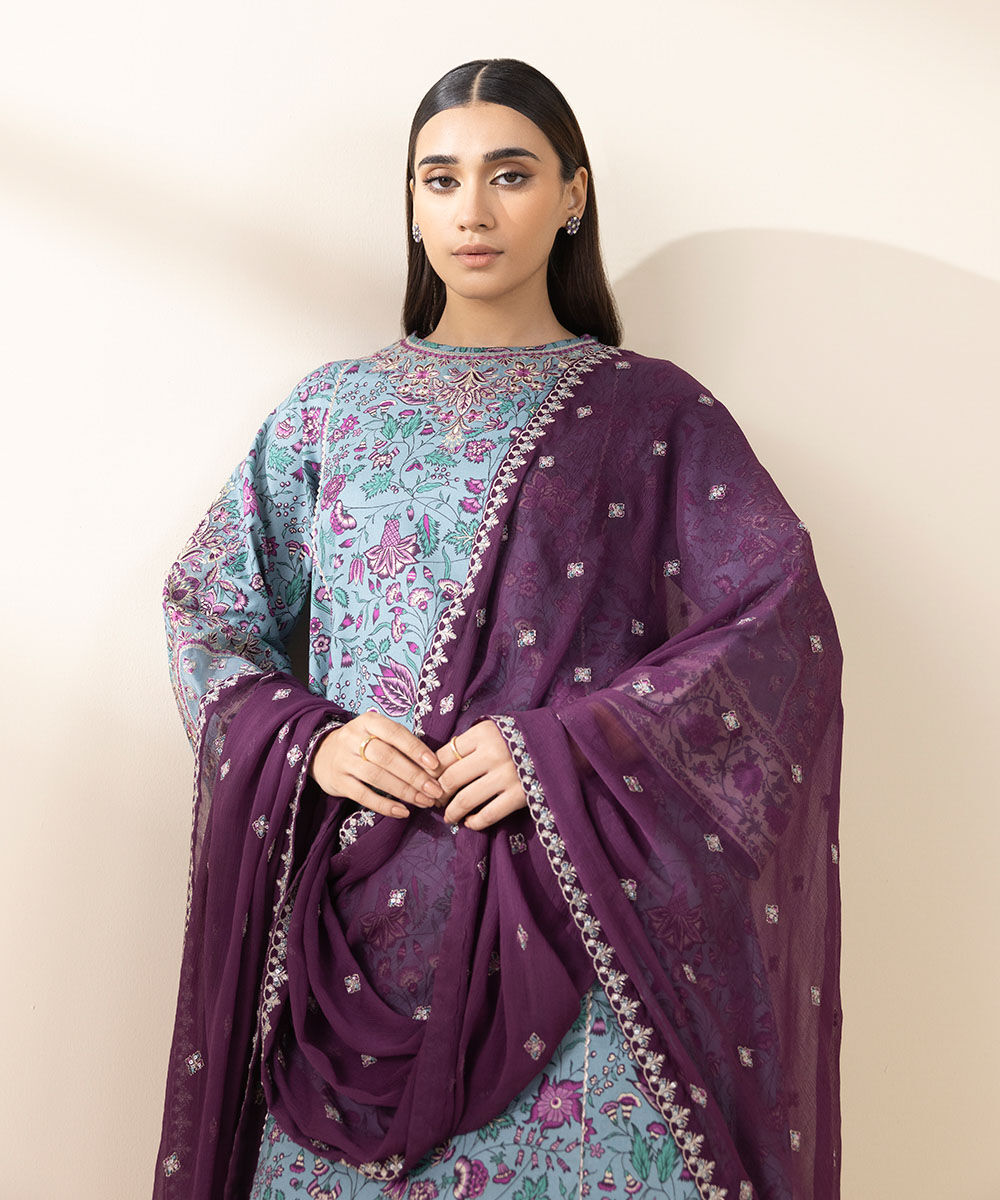 Unstitched Women's Embroidered Lawn Blue Three Piece Suit