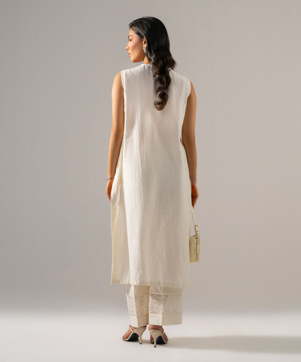 Women's RTW Self Jacquard Solid Embroidered Off White 2 Piece Suit