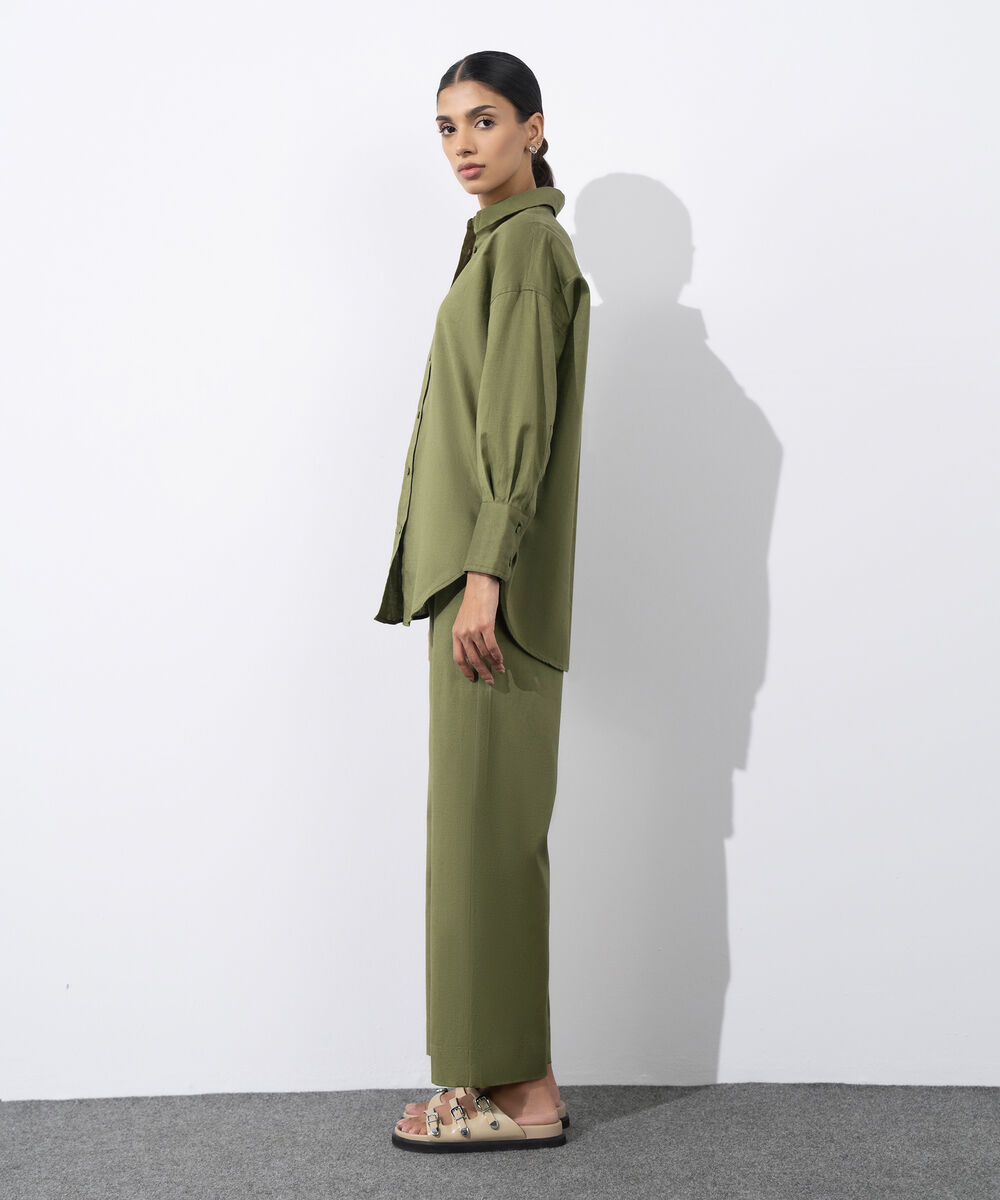 Women's Western Wear Green Loose Fit Linen Blend Shirt