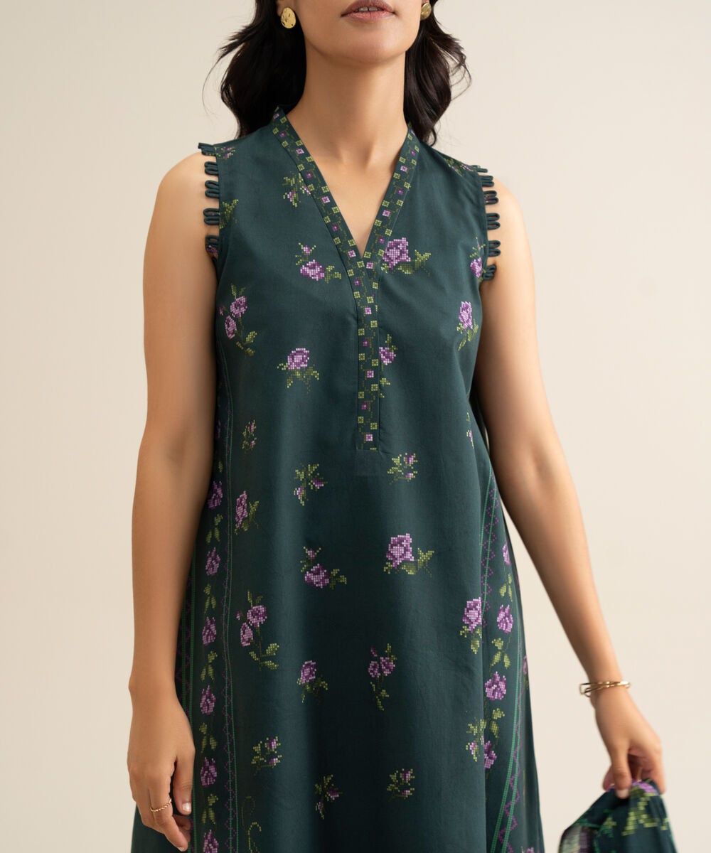 Women's Unstitched Cotton Printed Teal Green 3 Piece Suit