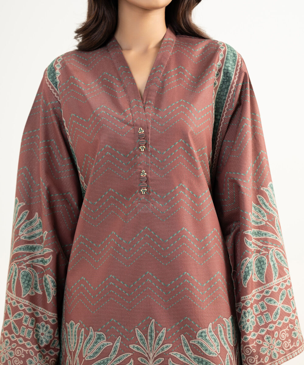 Women's Unstitched Zari Lawn Printed Red 3 Piece Suit