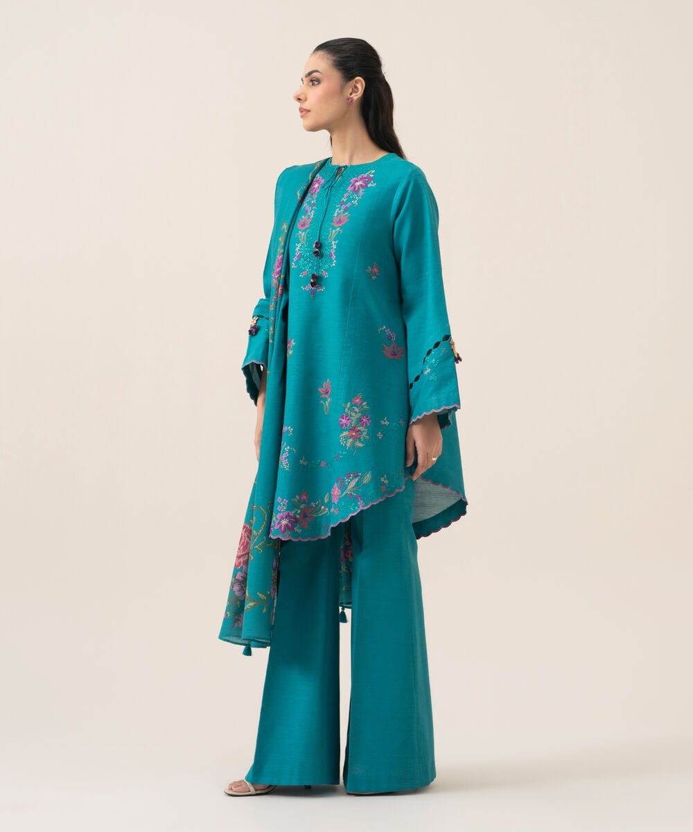 Women's Unstitched Premium Khaddar Embroidered Turquoise 3 Piece Suit
