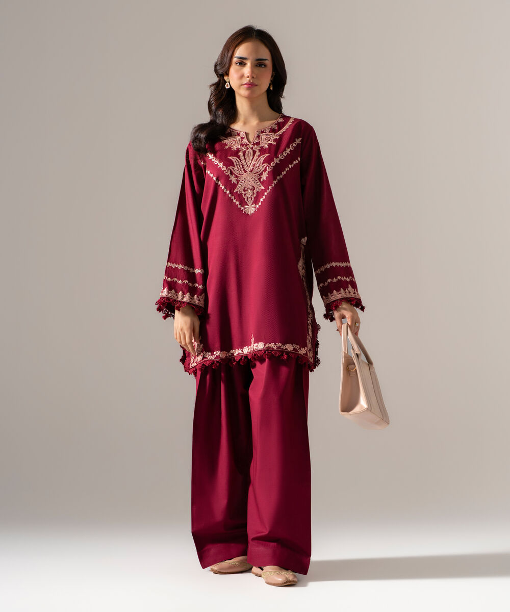 Women's RTW Dobby Solid Embroidered Maroon Straight Shirt