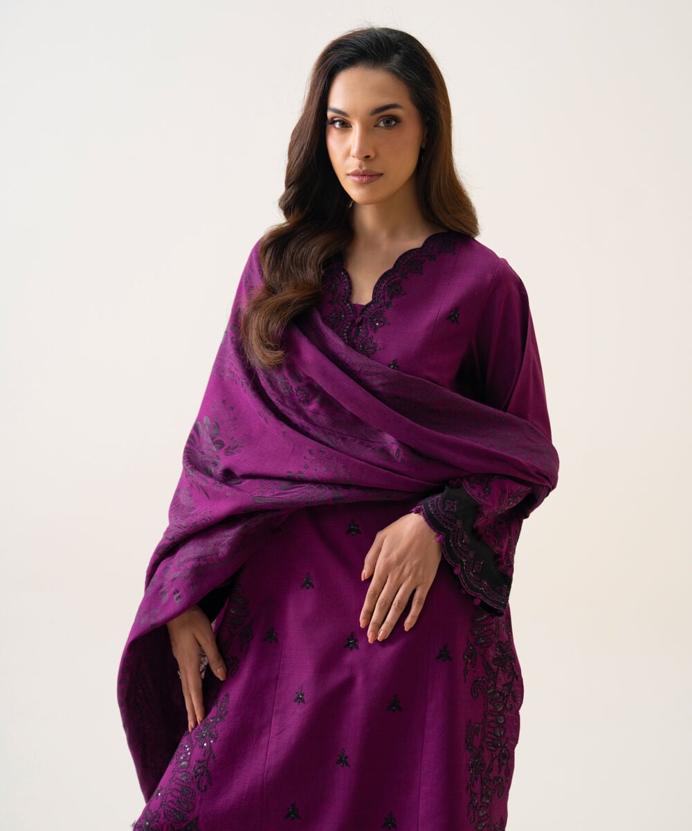 Women's Unstitched Light Khaddar Embroidered Plum 3 Piece Suit