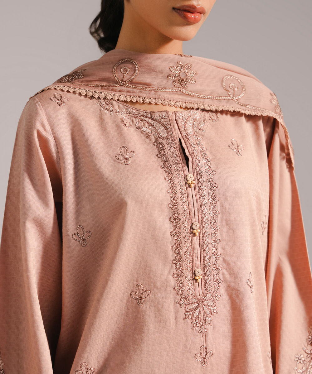 Women's RTW Dobby Embroidered Dark Beige 3 Piece Suit