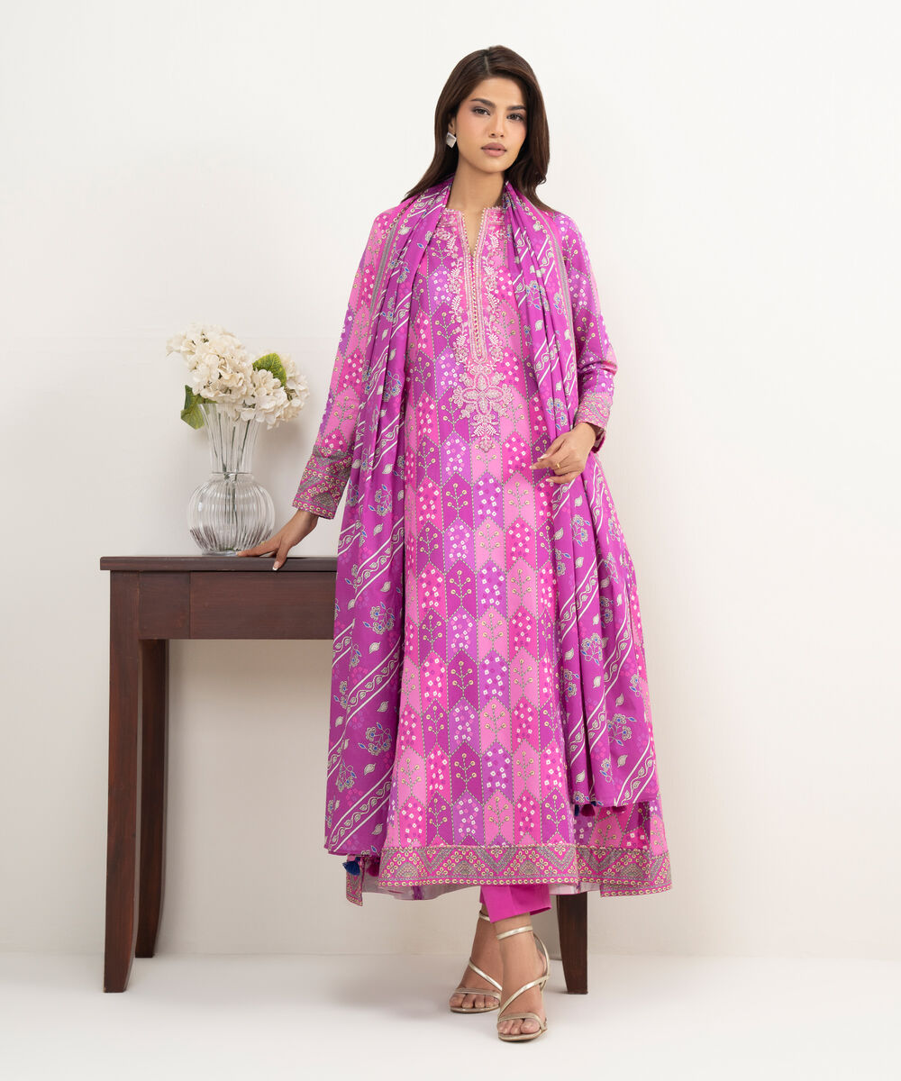 Women's Unstitched Lawn Pink Embroidered 3 Piece Suit