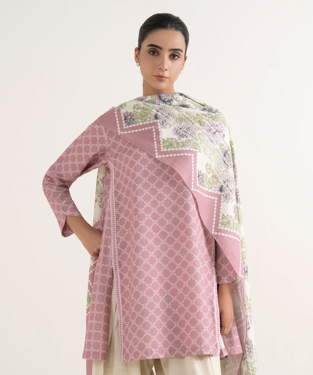Women's Unstitched Lawn Printed Pink Two Piece Suit