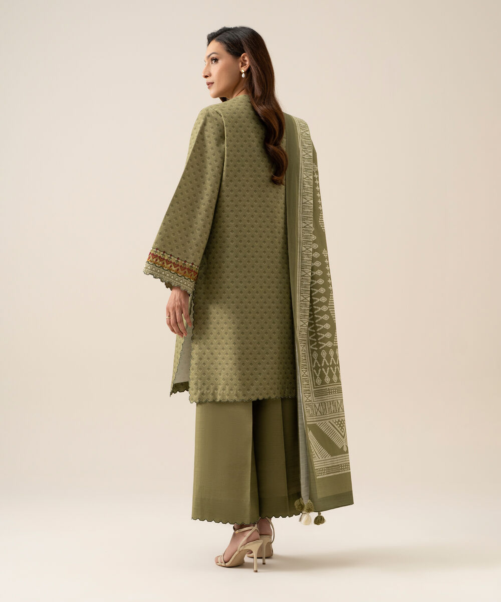 Women's Unstitched Light Khaddar Embroidered Green 3 Piece Suit
