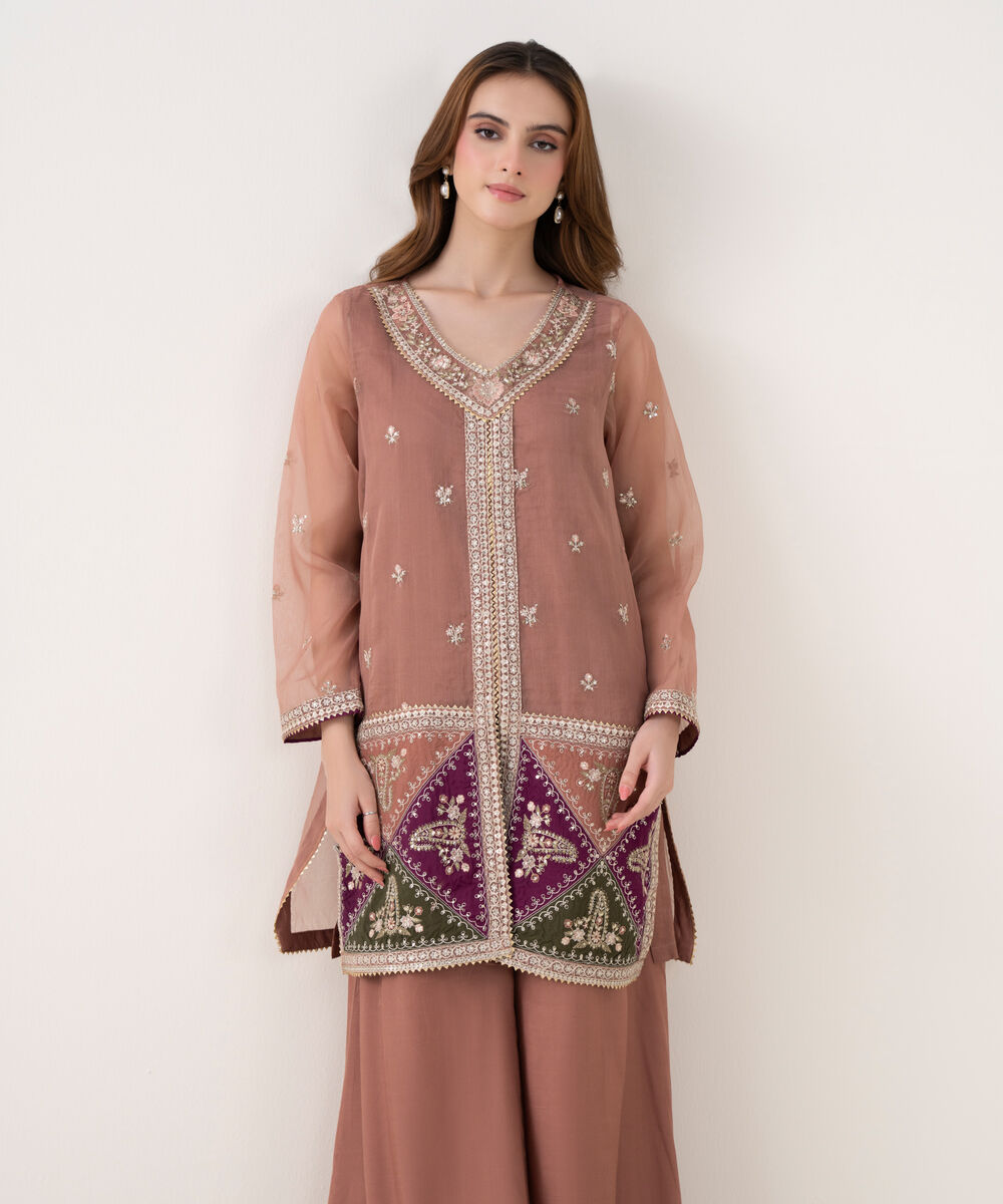 Women's RTW Blended Organza Embroidered Pink 2 Piece Suit