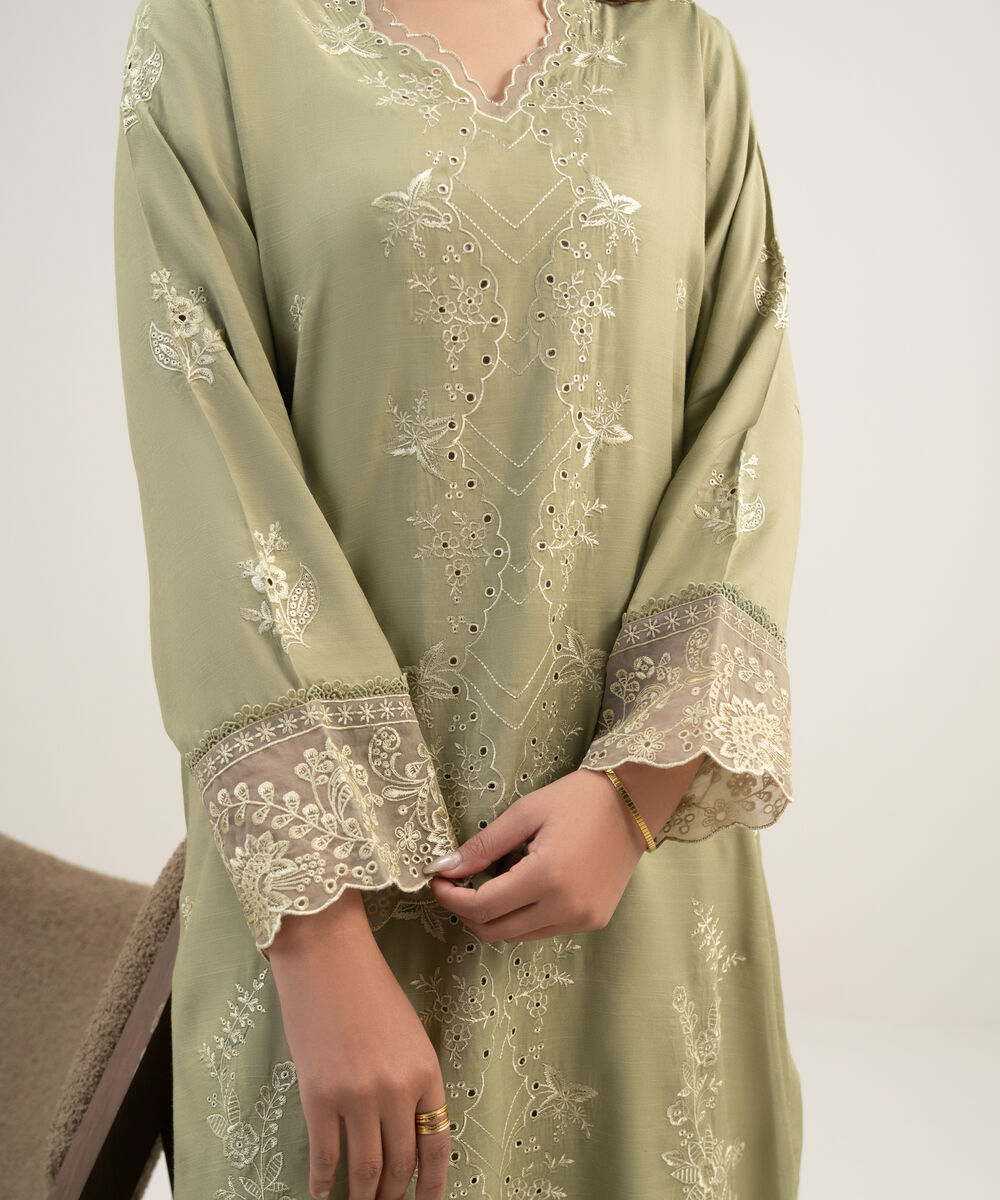 Women's RTW Viscose Raw Silk Embroidered Green 2 Piece Suit