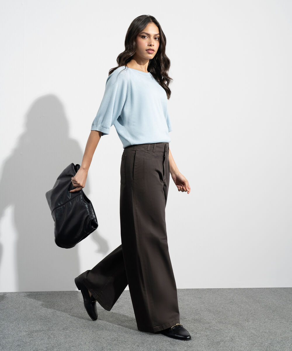 Women's Western Brown Wide Leg Pleated Chino Trousers