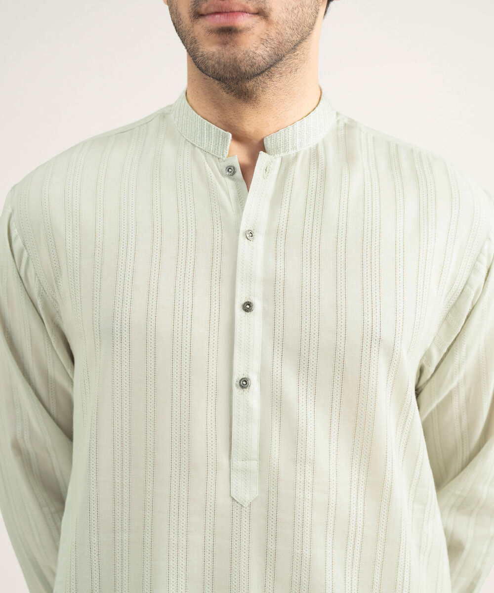 Men's Stitched Leno Jacquard Ash White Kurta