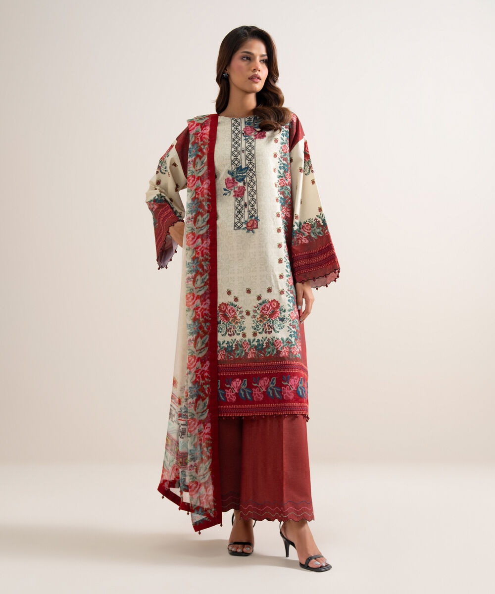 Women's Unstitched Zari Cotton Embroidered Multi 3 Piece Suit