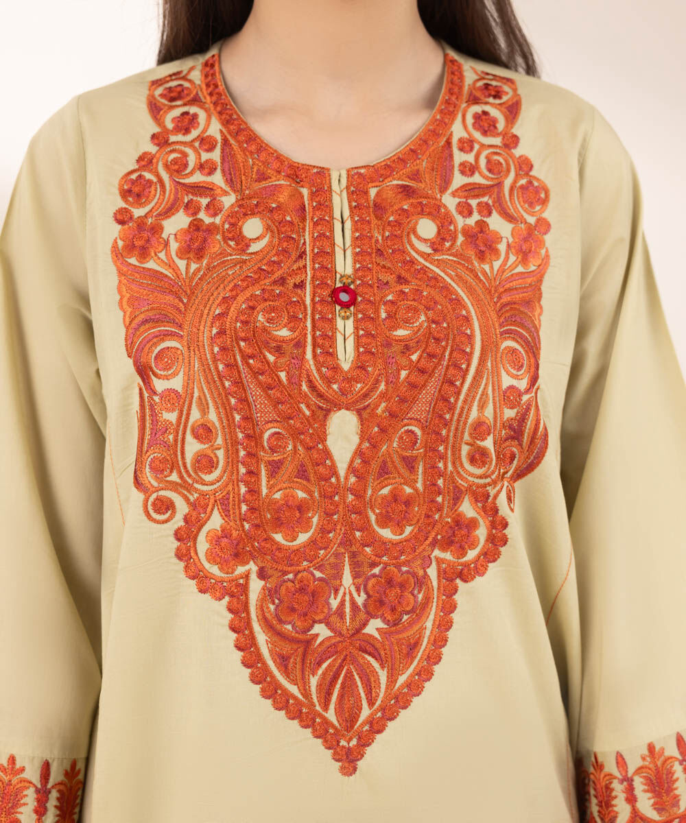 Women's RTW Textured Lawn Yellow Embroidered A-Line Shirt