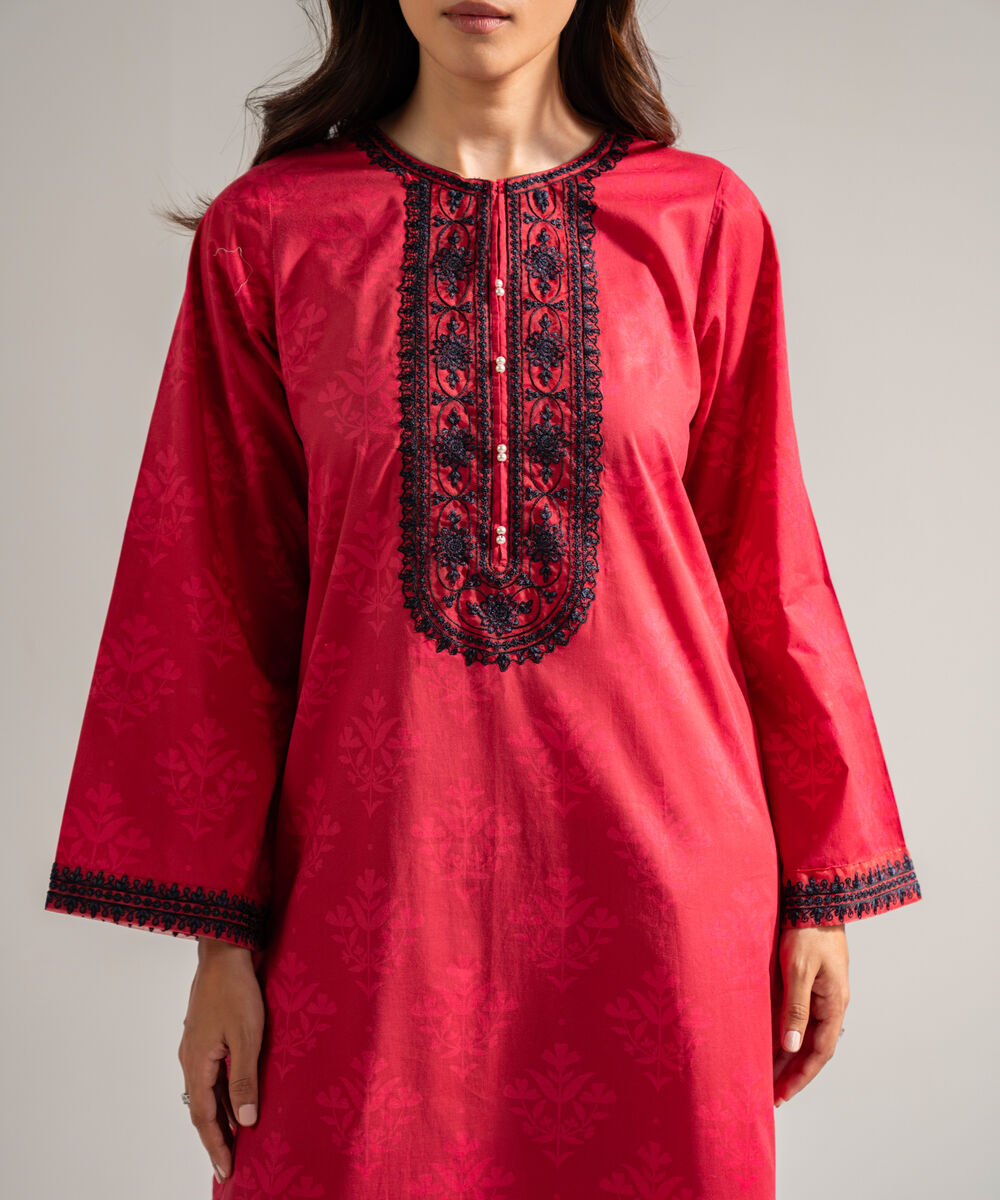 Women's RTW Cambric Embroidered Red 2 Piece Suit