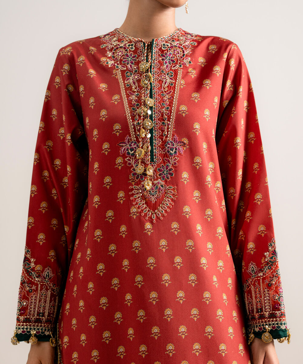 Women's Unstitched Printed Blended Grip Silk Orange 3 Piece Suit