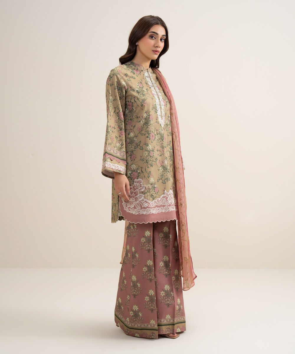 Women's Unstitched Lawn Embroidered Brown 3 Piece Suit