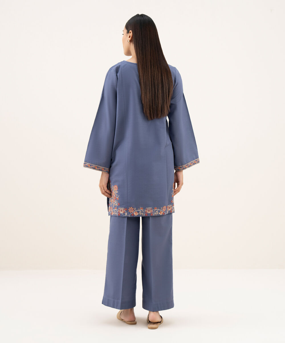 Women's RTW Khaddar Embroidered Straight Blue Shirt