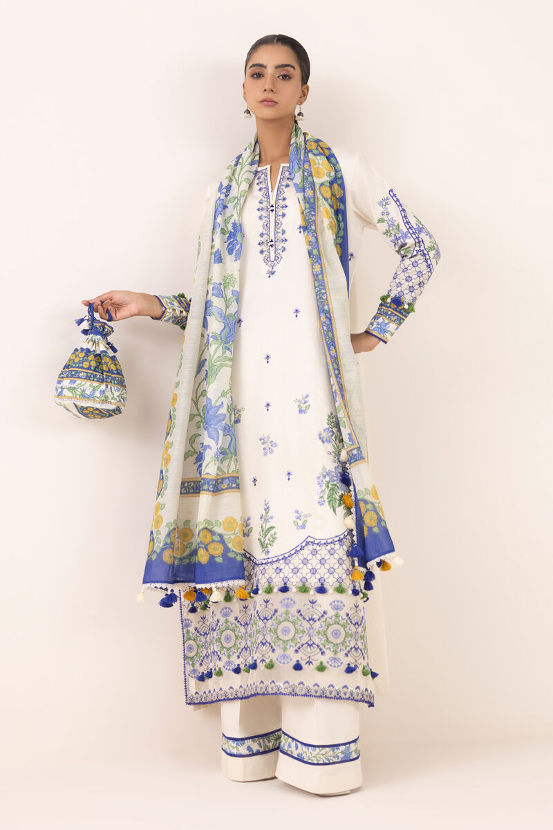 3 Piece - Embroidered Cotton Satin Suit