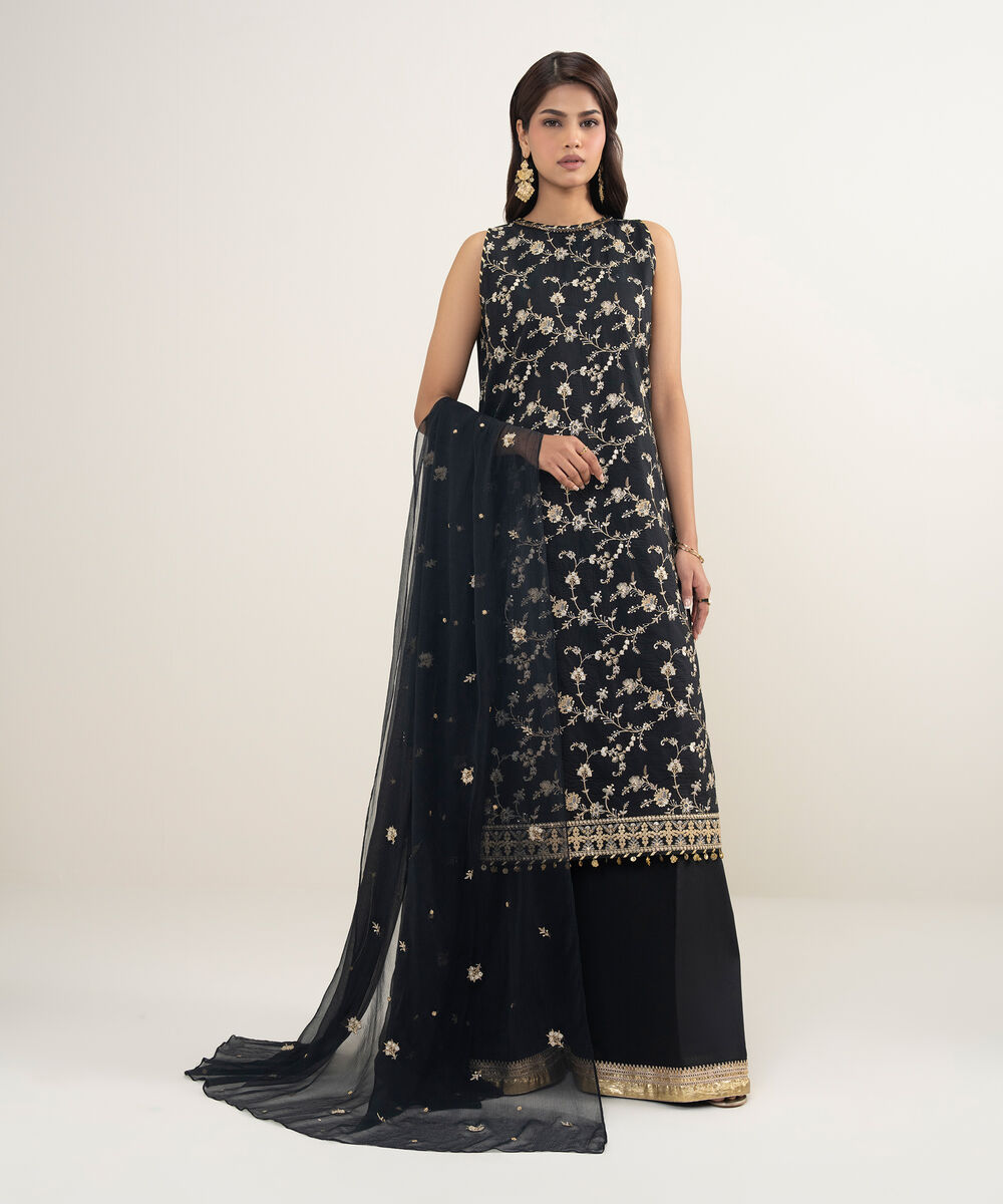 Women's Unstitched Textured Lawn Black Embroidered 3 Piece Suit