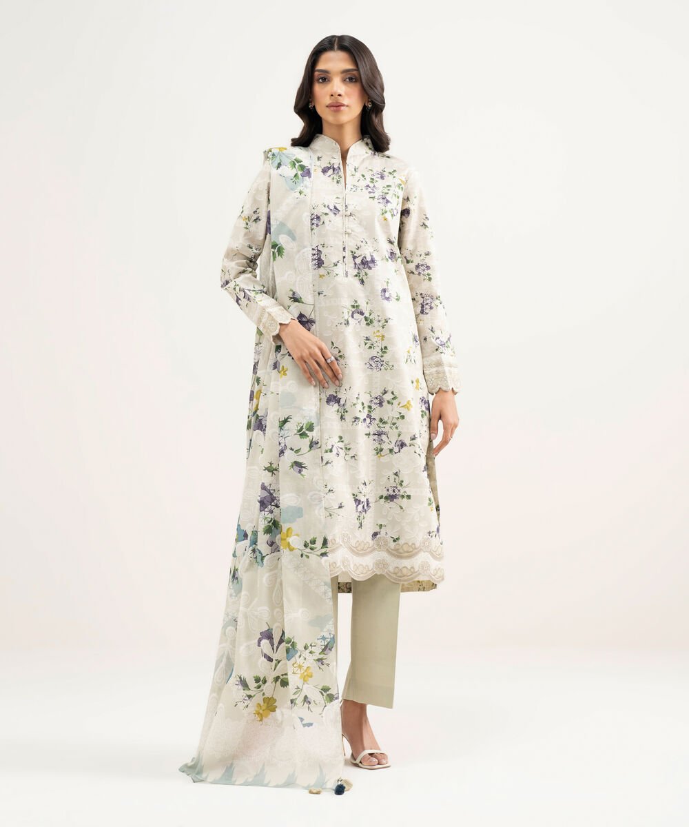 Women's Unstitched Zari Lawn Embroidered Beige  3 Piece Suit