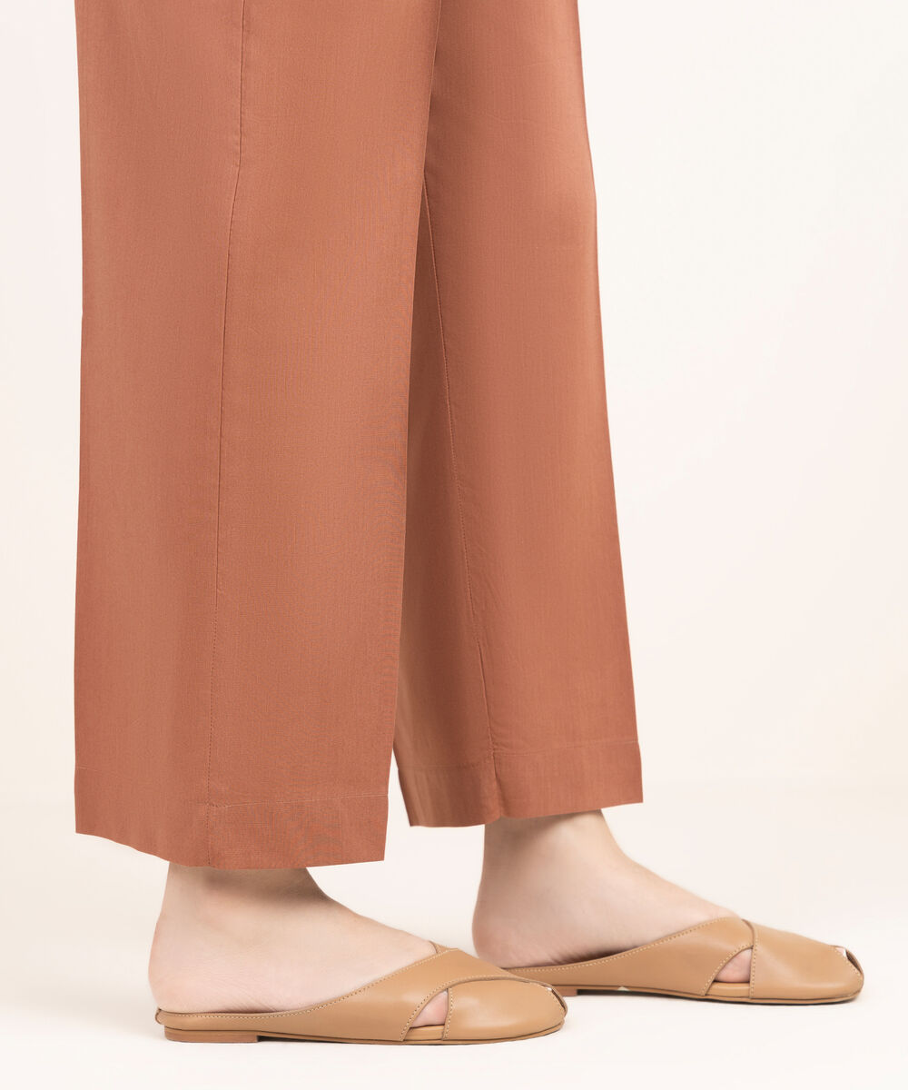 Women's RTW Cotton Viscose Solid Brown Straight Pants