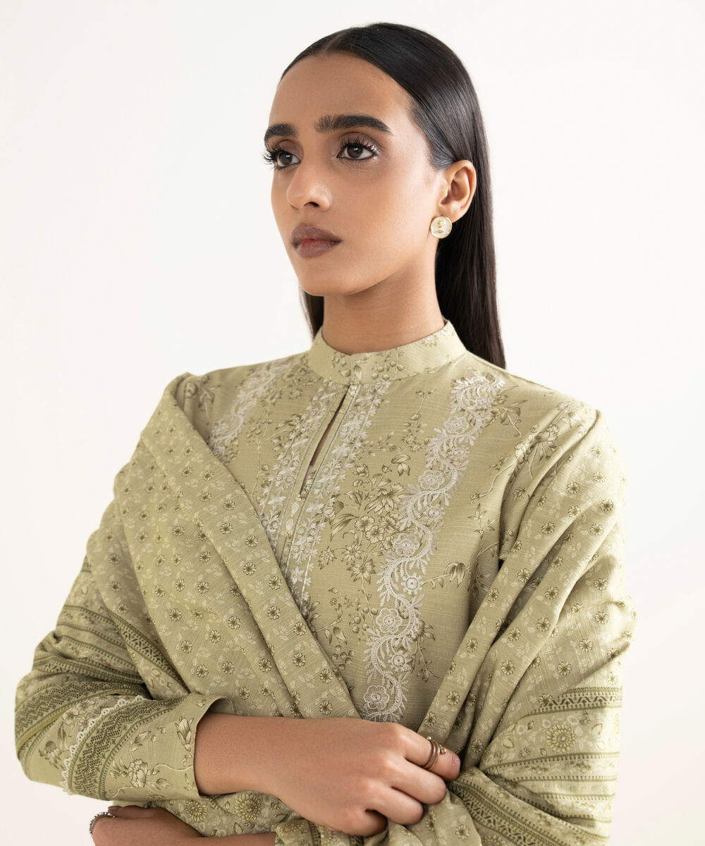 Women's Unstitched Cotton Embroidered Beige   2 Piece Suit