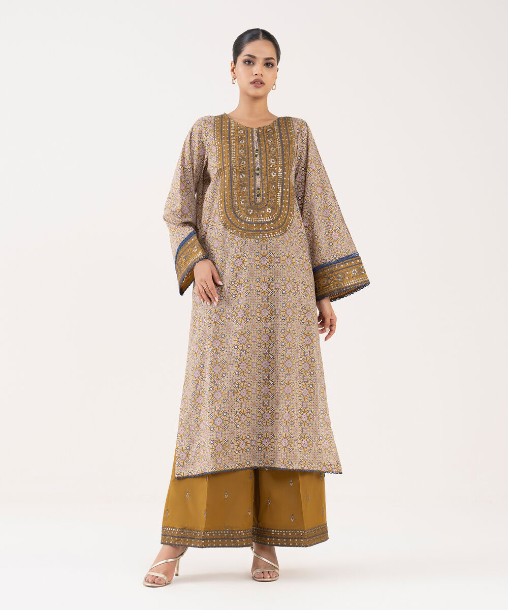 Women's RTW Textured Lawn Mustard Embroidered A-Line Shirt