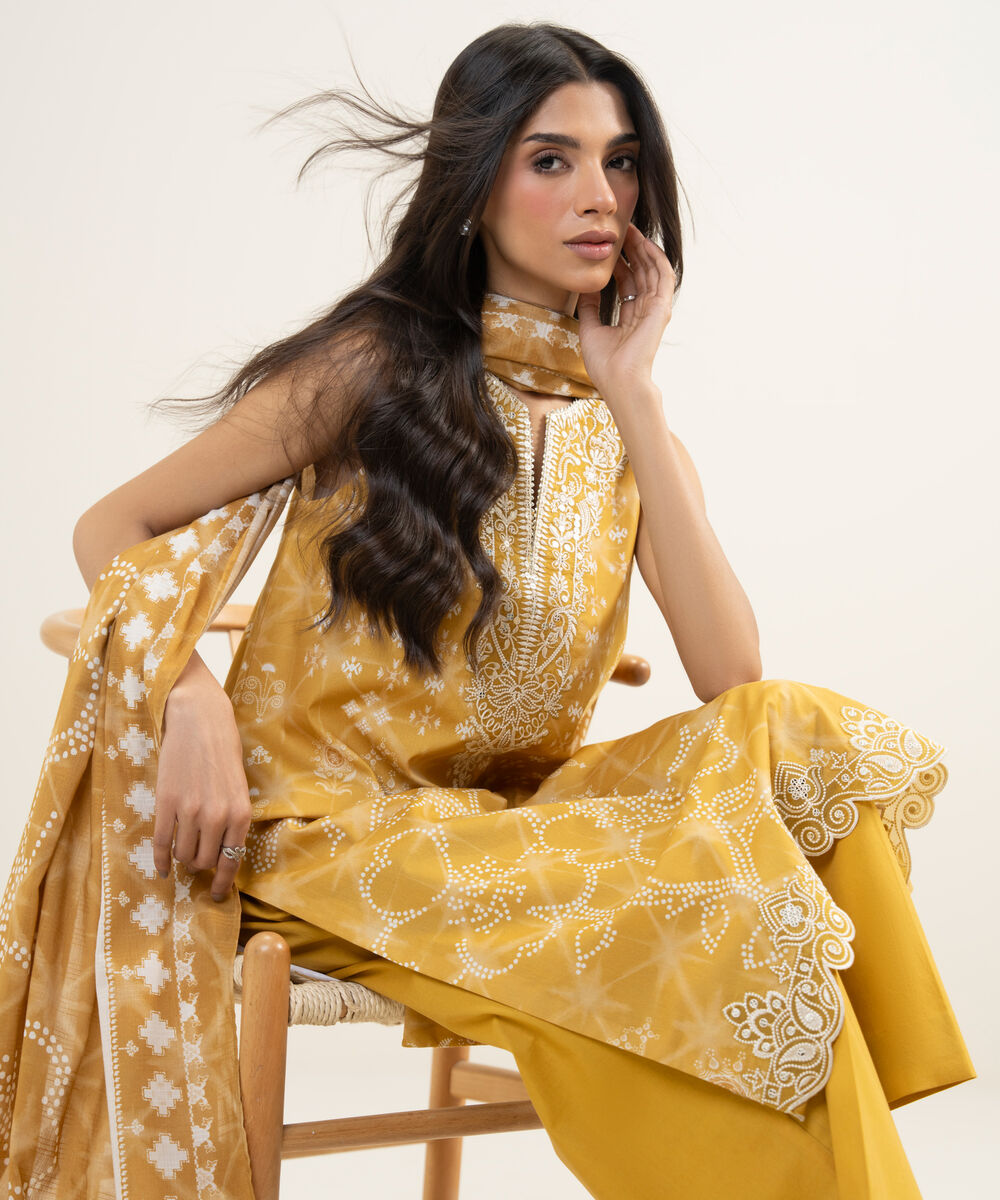Women's Unstitched Lawn Embroidered Yellow 3 Piece Suit