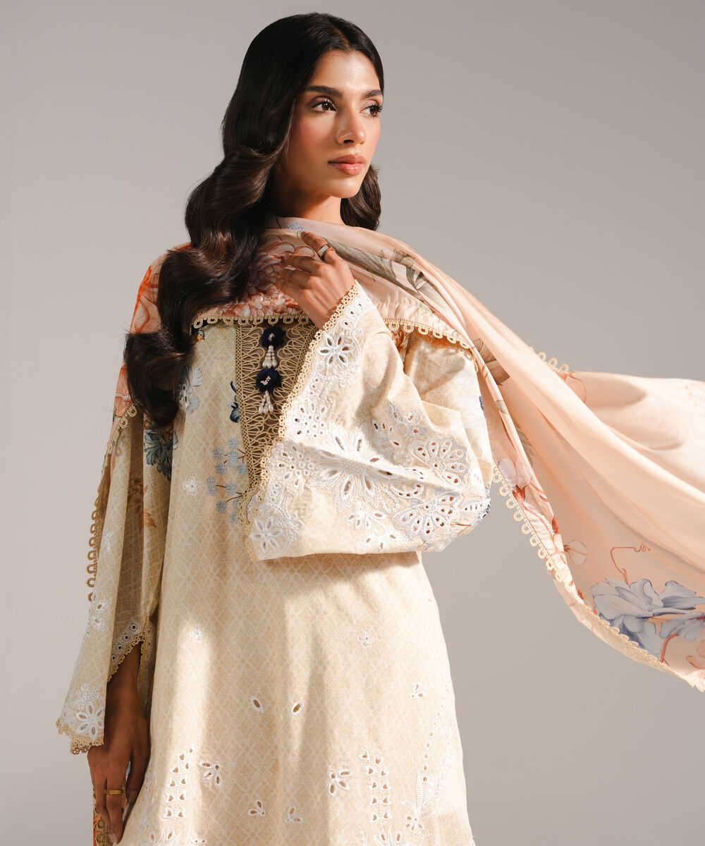 Women's RTW Self Jacquard Embroidered Beige 3 Piece Suit