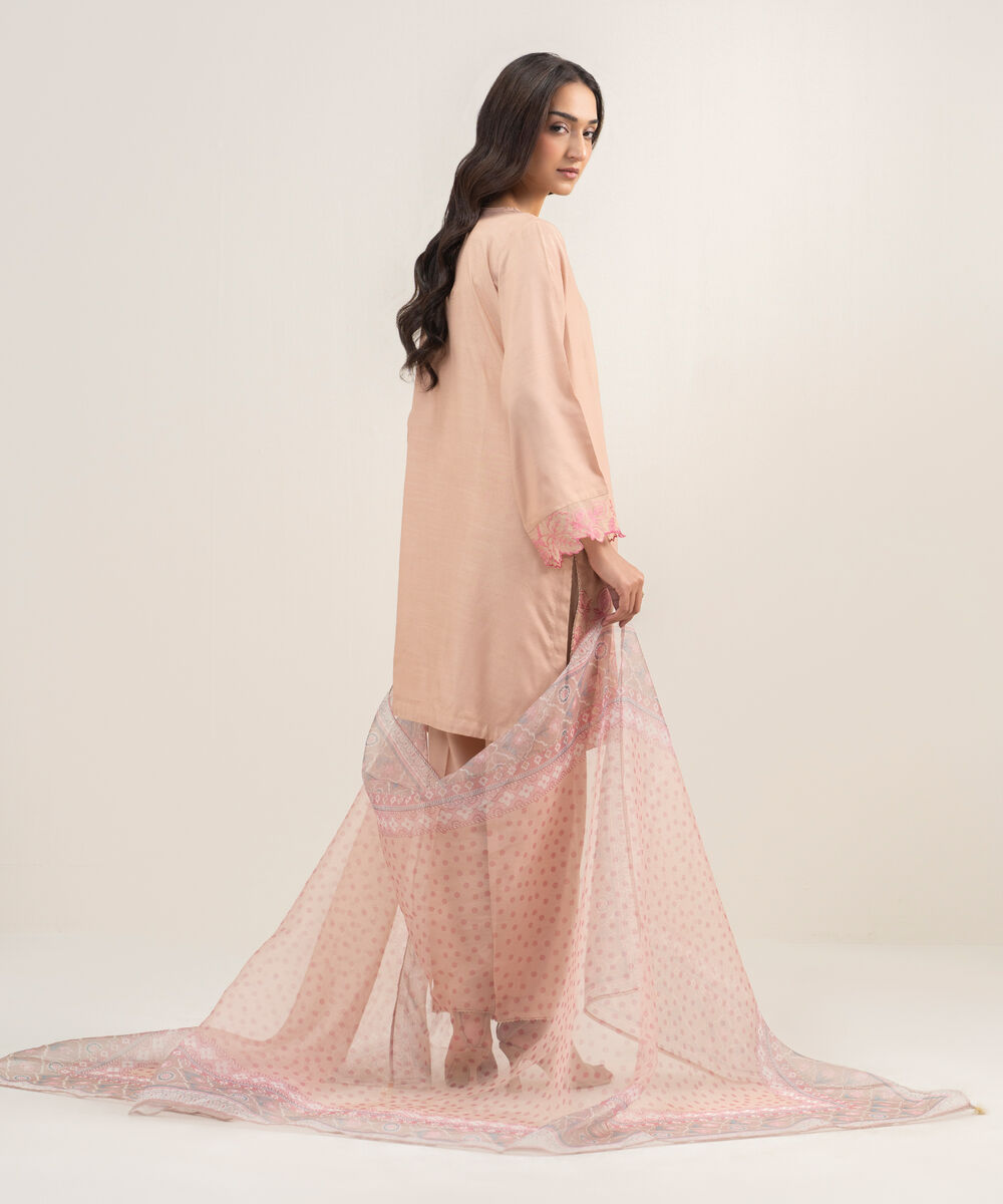 Women's RTW Viscose Raw Silk Embroidered Pink Sand 3 Piece Suit