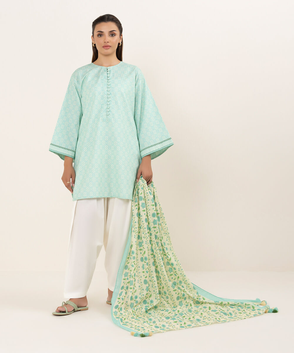 Women's Unstitched Cotton Printed Aqua 2 Piece Suit