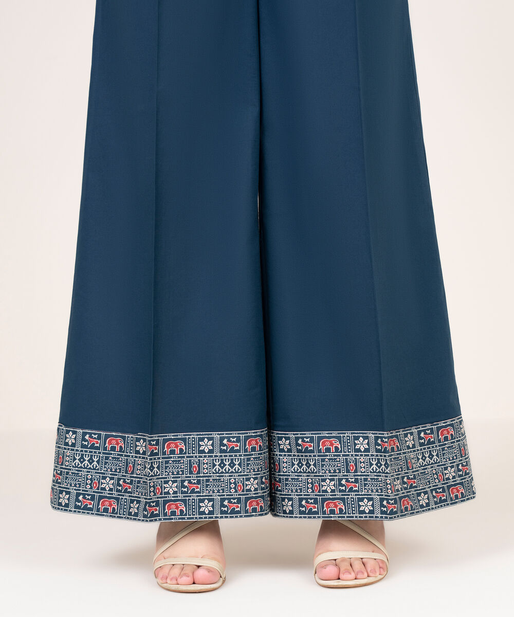 Women's RTW Viscose Linen Solid Blue Flared Pants
