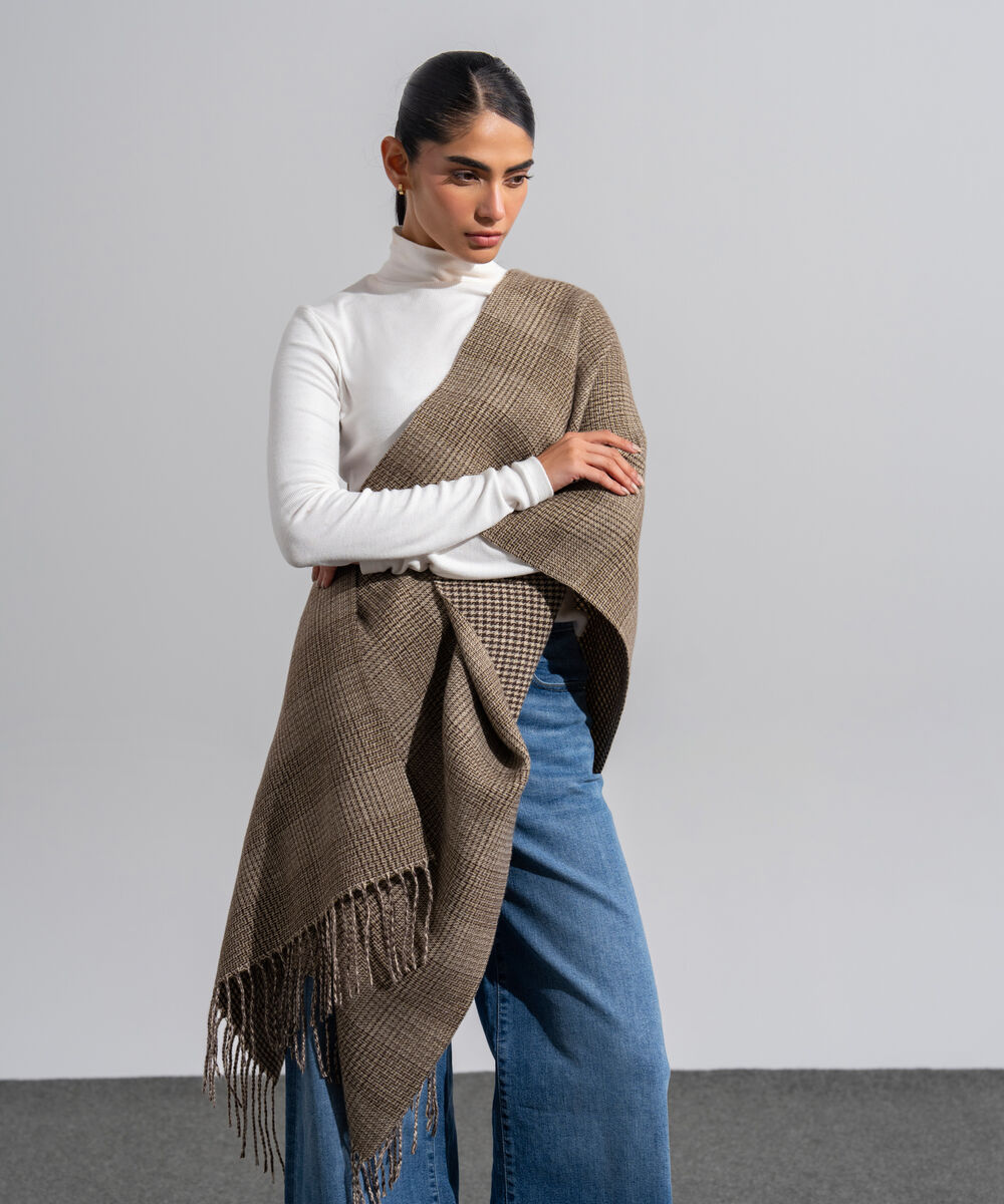 Women's Western Wear Brown And Off White Polyester Striped Woolen Scarf