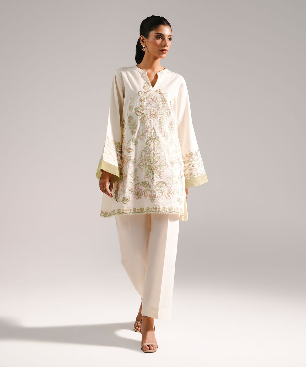 Women's RTW Dobby Embroidered Straight Off White Shirt