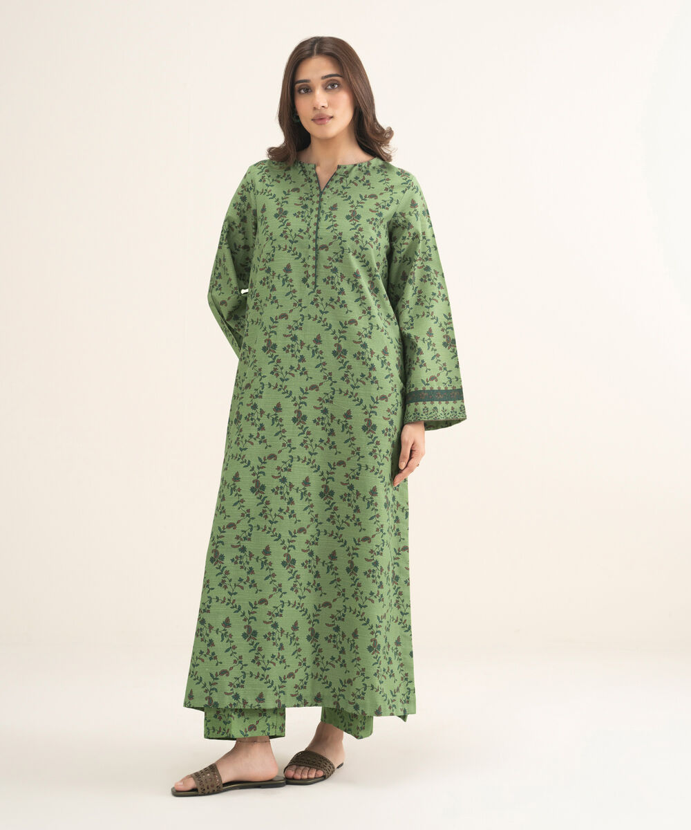 Women's Two Piece Olive green Light Khaddar Printed Suit