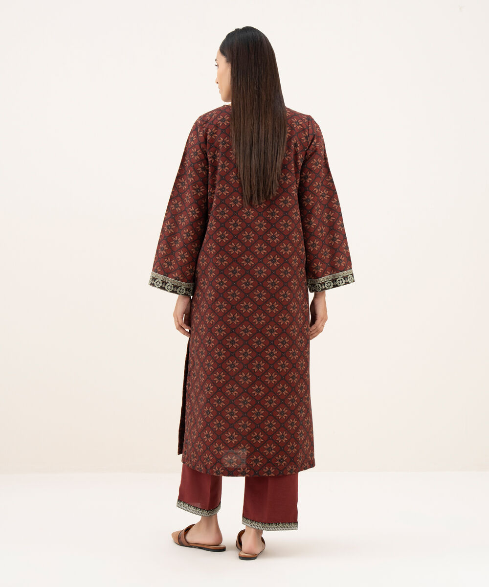 Women's RTW Light Khaddar Embroidered Straight Brown Shirt