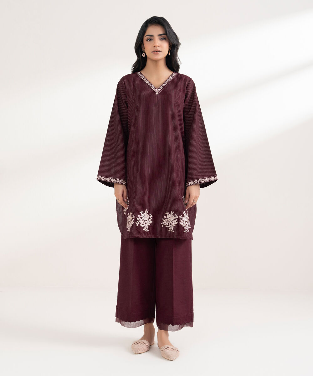 Women's RTW Zari Khaddar Embroidered Maroon Straight Shirt